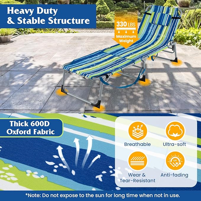 Tangkula Tanning Chair, Outdoor Folding Beach Lounge Chair with Face Hole, Adjustable Footrest, Removable Pillow - Photo 8
