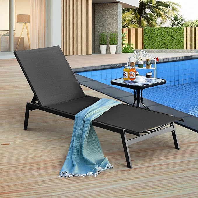 COSTWAY Patio Lounge Chair Outdoor, 6-Position Backrest Adjustable Pool Lounger, Metal Frame & Breathable Fabric - Photo 3