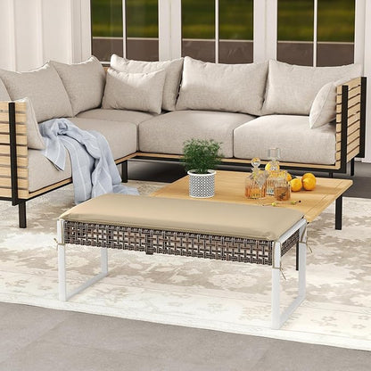 RELAX4LIFE Wicker Outdoor Ottoman Footstool - Rattan Patio Foot Rest for 2 w/Soft Cushion & Metal Frame, Multipurpose Coffee Table, 43’’ Seating Bench, Foot Stool for Garden Porch Backyard (1)