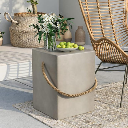 SUNBURY Outdoor Side Table, 18" H Concrete Side Table w Hemp Rope, End Table for Patio, Outdoor Coffee Table in Medium Gray, Garden Plant Stands
