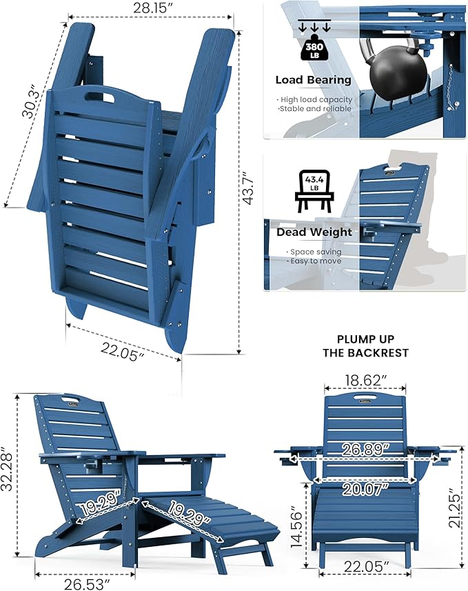 Ciokea Folding Adirondack Chair Set of 2 with Retractable Ottoman Fire Pit Patio Chair with Pull Out Foot Rest Weather - Photo 3