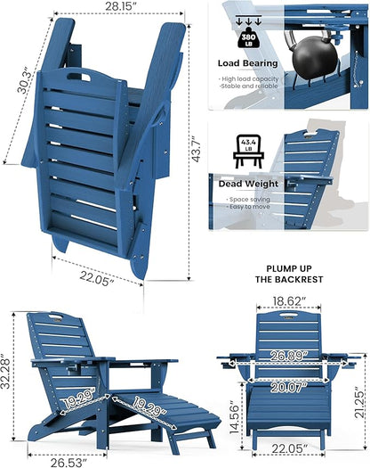 Ciokea Folding Adirondack Chair Set of 6 with Retractable Ottoman Fire Pit Patio Chair with Pull Out Foot Rest Weather Resistant Lawn Outdoor Chair with 2 Cup Holder (Navy Blue)