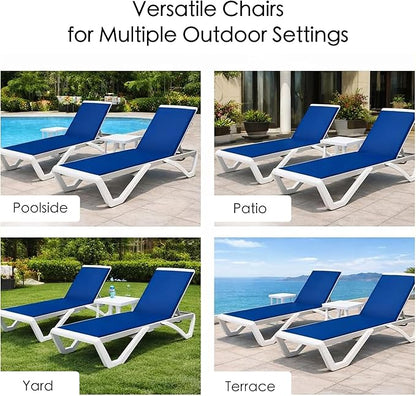 Kozyard Outdoor Chaise Lounge Chair, Full Flat Adjustable Patio Lounger with Aluminum Frame & Resin Legs, Textilene Fabric for Poolside, Backyard & Beach (Blue, 2Chairs with Table)
