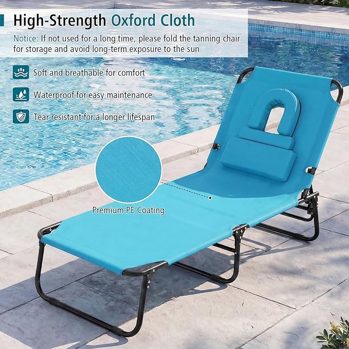 GYMAX Tanning Chair, Folding Lounge Chairs with Face Hole & Cover, Removable Pillow Carry Handle, Portable Compact Outdoor Layout Recliner for Beach, Poolside, Lawn, Patio, Camping (Turquoise,1)