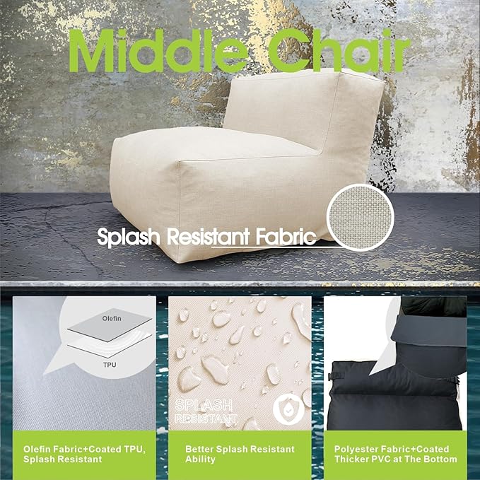 Dineli Modern ANNY-H Middle Chair Armless Chair Outdoor Furniture Comfy Patio Couch Sofa Outdoor Bean Bag Chair Creating a Unique Garden Modular Contemporary Sofa, Lazy Sofa for Outside (Light Beige)