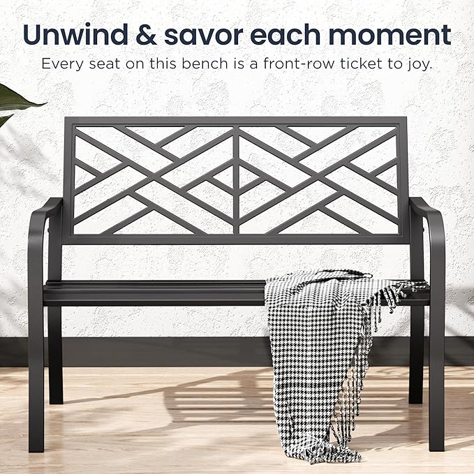 PHI VILLA 43 Inch Cast Iron Steel Frame Outdoor Garden Bench, Patio Furniture Chair Bench w/Line Pattern Design Backrest - Photo 6