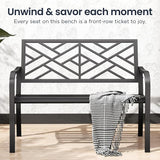 PHI VILLA 43 Inch Cast Iron Steel Frame Outdoor Garden Bench, Patio Furniture Chair Bench w/Line Pattern Design Backrest - Photo 6