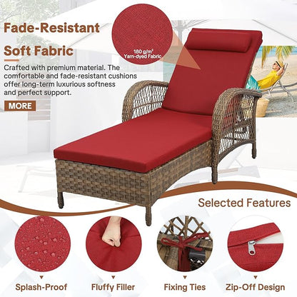 HOMEDIARY 2-Piece Outdoor Wicker Lounge Chairs with Cushion, Rattan Patio Chaise Loungers with 6-Level Backrest, All Weather Lay Flat Pool Sunbathing Recliner Chair, Armrest and Head Pillow, Red