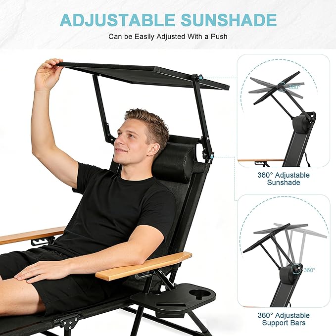 Outdoor Chaise Lounge Chair with 4-Position Adjustable Backrest,Patio Folding Sun Tanning Chair,Pillow & Cup Holder,Portable Recliner Sunbathing Lounger Chairs for Beach Garden (Black with Shade)