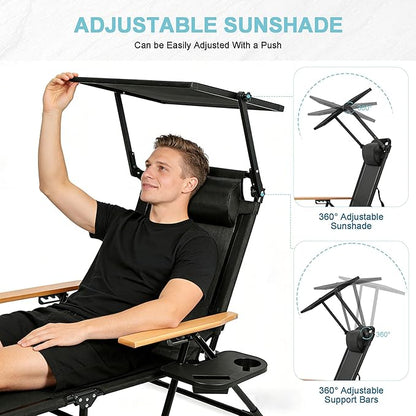 Outdoor Chaise Lounge Chair with 4-Position Adjustable Backrest,Patio Folding Sun Tanning Chair,Pillow & Cup Holder,Portable Recliner Sunbathing Lounger Chairs for Beach Garden (Black with Shade)