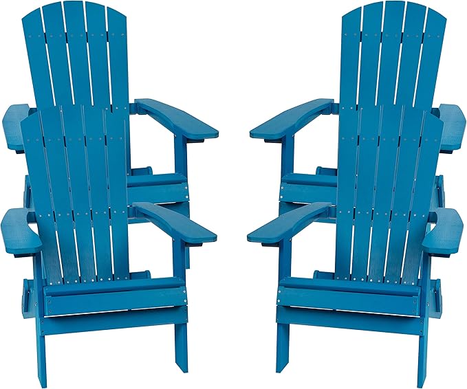 Flash Furniture Charlestown Folding Adirondack Chair - Blue - Poly Resin - Indoor/Outdoor - Weather Resistant - Set of 4