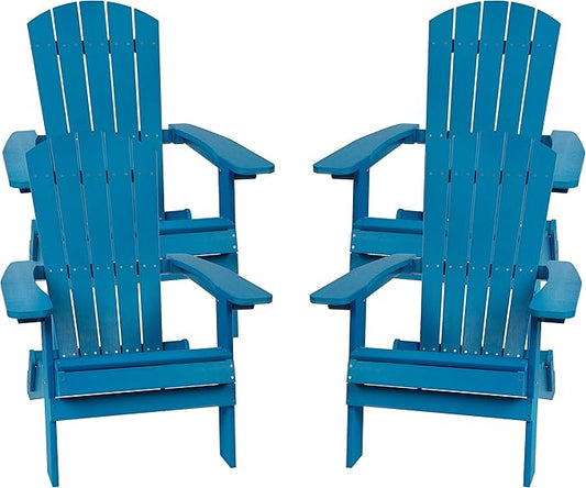 Flash Furniture Charlestown Folding Adirondack Chair - Blue - Poly Resin - Indoor/Outdoor - Weather Resistant - Set of 4