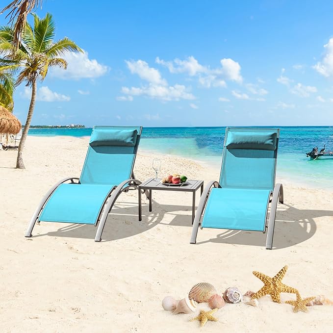 Domi Lounge Chair Set of 3, Aluminum Lounge Chairs for Outside with 5 Adjustable Positions, Chaise Lounge Outdoor for Pool, Garden, Beach, 2 Pool Chairs and 1 Side Table(Turquoise Blue)