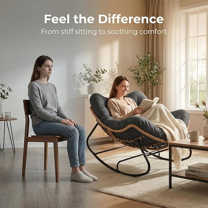 Oversized Papasan Rocking Chair Outdoor, Comfy Wicker Patio Papasan Egg Rocker with Thick Cushion for 450 lbs - Photo 4