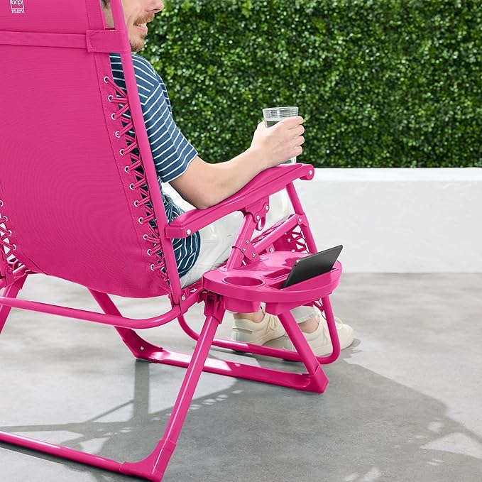 Best Choice Products Adjustable Zero Gravity Chair, Monochromatic Color Folding Patio Recliner w/Side Tray, Headrest - Ultimate Pink