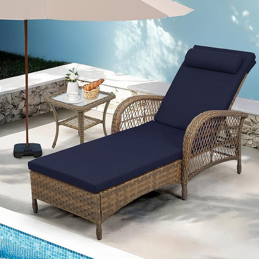 Outdoor Chaise Lounge Chair with Side Table, All Weather PE Rattan Patio Lounge Chair with Cushion, 6-Positions Adjustable Pool Sunbathing Recliner for Poolside, Armrest & Pillow, Navy Blue
