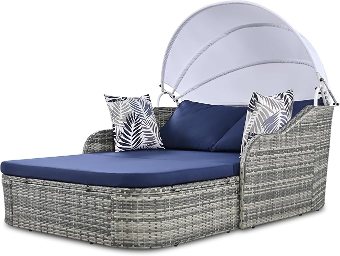 79.9" Outdoor Rattan Sunbed, Patio Wicker Daybed Lounger with Adjustable Canopy, Double Lounge, Thick Seat & Cushions - Photo 8