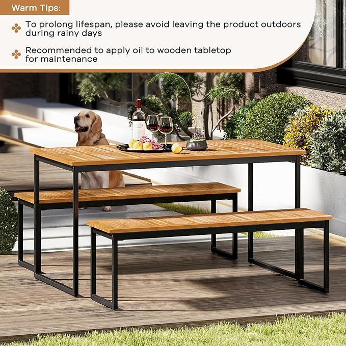 Tangkula Patio Dining Bench, 2-3-person Backless Bench with Slatted Seat & Metal Legs, Indoor Outdoor Bench for Entryway, Front Porch, Garden, Poolside, Farmhouse Kitchen Dining Seat