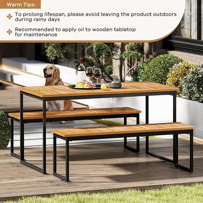 Tangkula Patio Dining Bench, 2-3-person Backless Bench with Slatted Seat & Metal Legs, Indoor Outdoor Bench for Entryway, Front Porch, Garden, Poolside, Farmhouse Kitchen Dining Seat