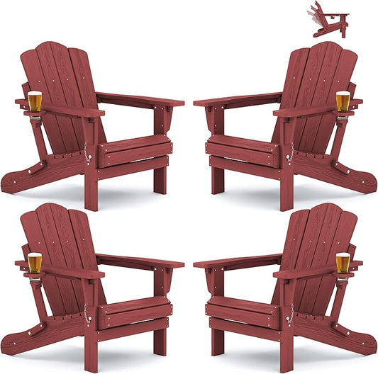 KINGYES Adjustable Folding Adirondack Chair Set of 4, 3-Position Reclining Adirondack Chairs with Cup Holder, HDPE All-Weather Oversized Adirondack for Outdoor, Patio, Backyard Deck, Fire Pit, Red
