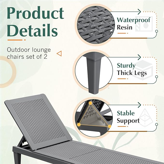 GUNJI Lounge Chairs for Outside Patio Waterproof Resin Chaise Lounge Outdoor Adjustable Lounge Chairs Set of 2 Pool - Photo 4