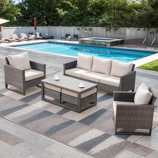 Rilyson Wicker Outdoor Patio Furniture Set - 6 Piece Patio Conversation Set with 2 Armrest Chairs,2 Rattan Ottoman,1 Couch and 1 Metal Side Table for Outside Porch Deck Backyard(Brown/Beige)