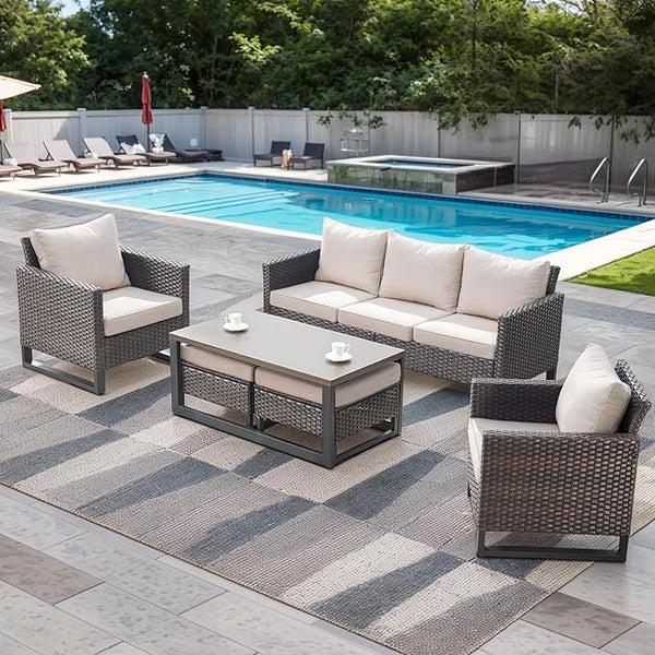 Rilyson Wicker Outdoor Patio Furniture Set - 6 Piece Patio Conversation Set with 2 Armrest Chairs, 2 Rattan Ottoman - Photo 1