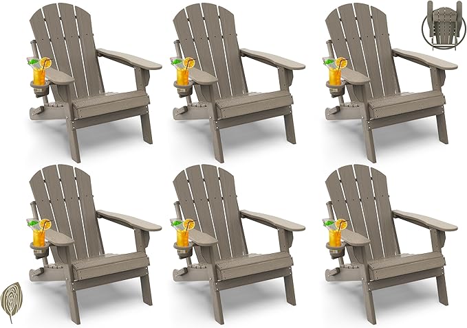 GREENVINES Folding-Adirondack-Chair-Set-of-6 | Wood Grain | HDPE Plastic | Fire Pit Chairs | All Weather | Cup Holder | Desert Brown | for Deck Backyard Patio Outdoor