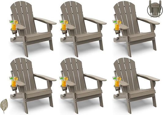 GREENVINES Folding-Adirondack-Chair-Set-of-6 | Wood Grain | HDPE Plastic | Fire Pit Chairs | All Weather | Cup Holder | Desert Brown | for Deck Backyard Patio Outdoor
