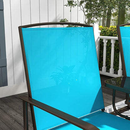 GOWE Outdoor Glider Bench with Center Table, Metal Frame Patio Loveseat with Breathable Mesh Fabric and Armrests for Backyard Garden Porch, Blue