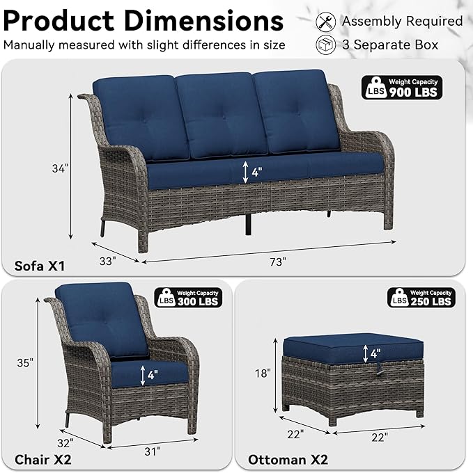 5 Piece Outdoor Wicker Patio Furniture Set, Patio Chairs Set with Thickened Olefin Cushions, High Back and Deep Seating - Photo 2