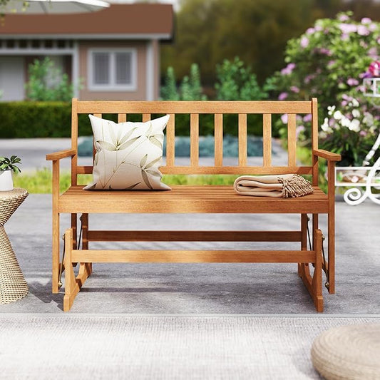 RELAX4LIFE 2-Person Outdoor Glider Bench - Acacia Wood Heavy Duty 800 LBS Double Swing Rocking Chair w/Slatted Seat, Backrest & Armrests, Loveseat Rocker for Porch Garden, 2-Seater Wooden Patio Glider