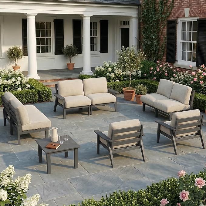 HDPE Patio Furniture Set 8 Seats, Outdoor Couch with Washable Thick Beige Cushions & Side Table, Outdoor Sectional Furniture for Backyard, Deck, Lawn, Porch (Gray Frame)