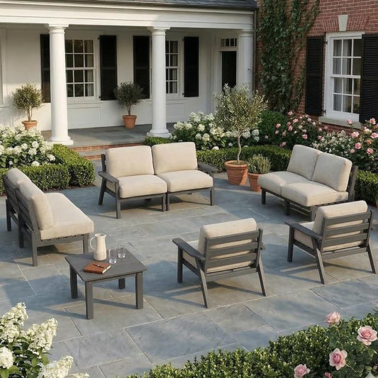 HDPE Patio Furniture Set 8 Seats, Outdoor Couch with Washable Thick Beige Cushions & Side Table, Outdoor Sectional Furniture for Backyard, Deck, Lawn, Porch (Gray Frame)