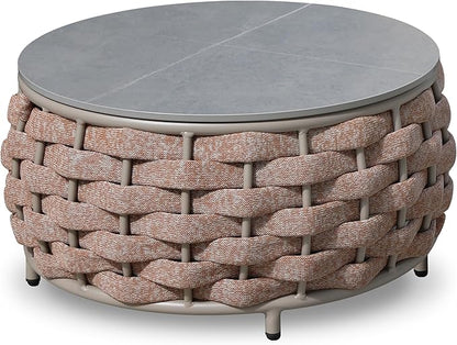 Short Round Patio Coffee Table: Hand Woven Rope Side Tables Assembled - Aluminum Outdoor Accent Table Modern - Metal Porch Furniture for 176lbs Deck Garden Balcony Hotel φ25.6''/65cm, Terracotta