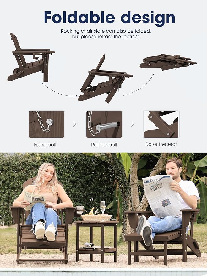 KINGYES Adirondack Rocking Chair Set of 4 with Retractable Ottoman and Cup Holders, HDPE Adirondack Rocker Patio Rocking Chair for Porch, Patio, Balcony, Coffee Brown