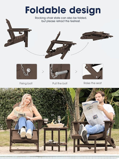KINGYES Adirondack Rocking Chair with Retractable Ottoman and Cup Holders, HDPE Adirondack Rocker Patio Rocking Chair for Porch, Patio, Balcony, Coffee Brown
