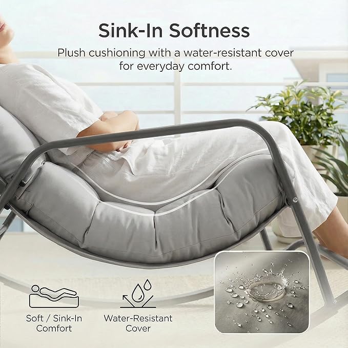 NICESOUL Set of 2 Papasan Rocking Chair with Footrest, Outdoor Rocking Chair with Cushion, Oversized Patio Rocker, Modern Lounge Comfort, Heavy Duty Steel Frame, Indoor Porch, Grey