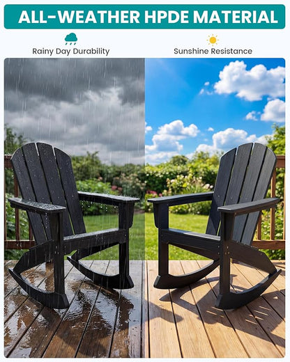 SERWALL Outdoor Adirondack Rocking Chairs Set of 4, All-Weather HDPE Adirondack Rocker Chair, Front Porch Rocker Chairs for Patio Lawn Porch Deck, Black