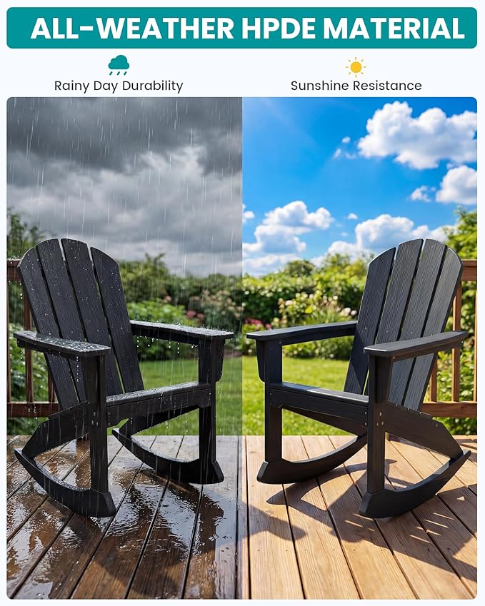 SERWALL Outdoor Adirondack Rocking Chairs Set of 2, All-Weather HDPE Adirondack Rocker Chair, Front Porch Rocker Chairs for Patio Lawn Porch Deck, Black