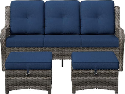 3-Piece Outdoor Couch Set, Include Wicker Patio Sofa with Thickened Olefin Cushions, High Back and Deep Seating, Hand-Woven PE Rattan and 2 Ottomans, Patio Conversation Set for Porch, Deck