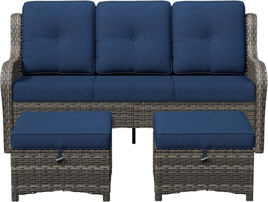 3-Piece Outdoor Couch Set, Include Wicker Patio Sofa with Thickened Olefin Cushions, High Back and Deep Seating, Hand-Woven PE Rattan and 2 Ottomans, Patio Conversation Set for Porch, Deck