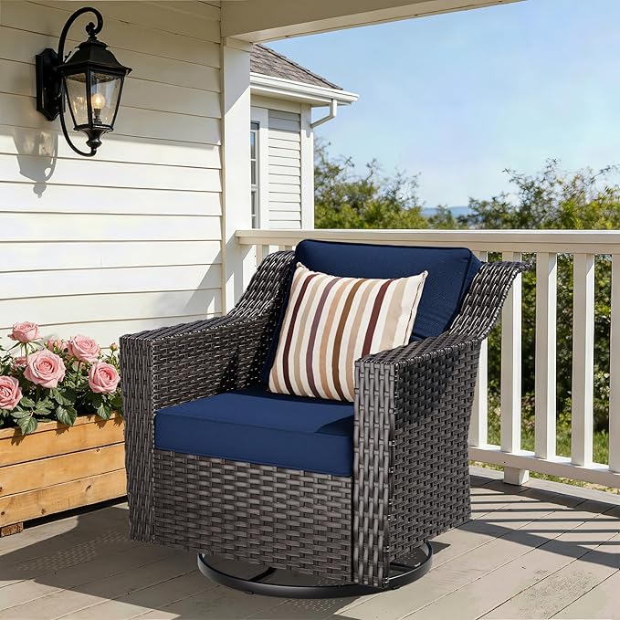 Outdoor Furniture Swivel Chair, Patio Glider Wicker Rocker Seating with Cushions for Porch Deck Balcony (Blue) - Photo 5