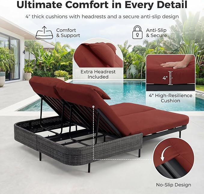 BULEXYARD 51.2" Double Chaise Lounge Outdoor, 2-Person PE Wicker Patio Daybed with Dual 5-Position Adjustable Backrest - Photo 6