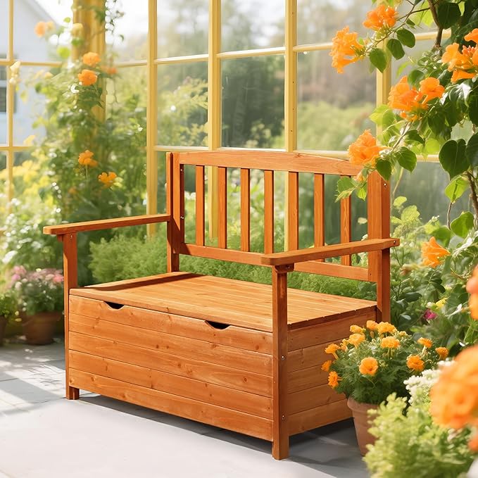 VINGLI Outdoor Storage Bench, Large Wood Deck Box with Seating, Weatherproof Outdoor Bench with Storage Loveseat - Photo 8