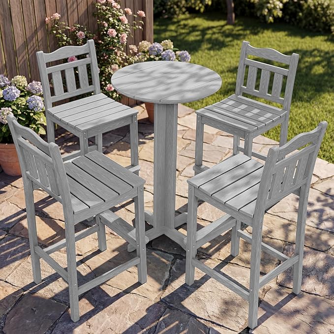 Outdoor Round Bar Table, 43 Inch All-Weather HDPE Bar Height Pub Table with Adjustable Feet, Heavy Duty High Top Bistro Table for Garden, Deck, Poolside,Backyard (Slate Grey)