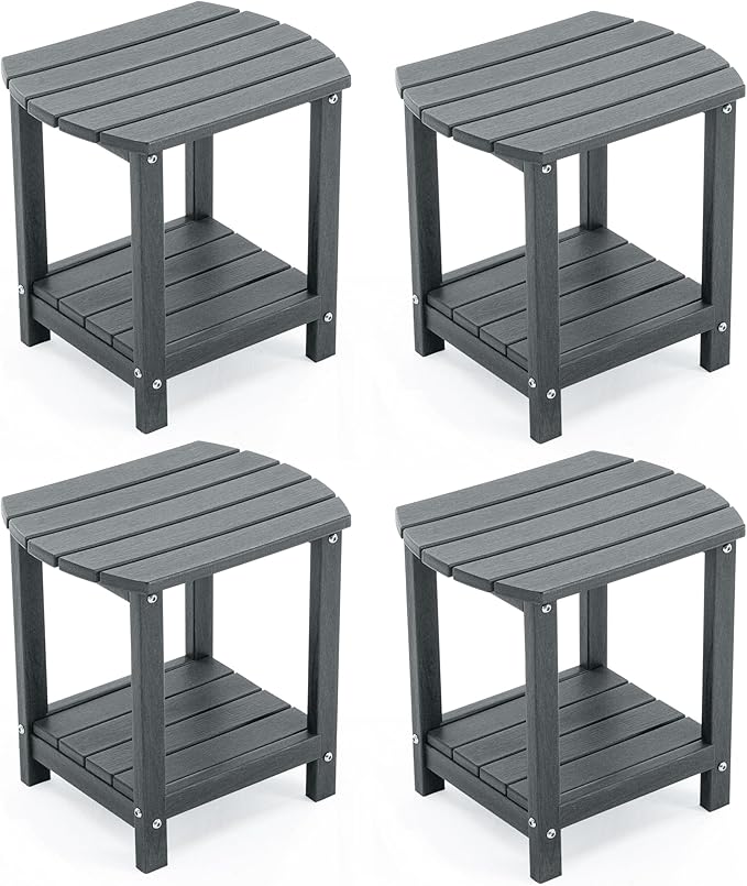 Adirondack Small Outdoor Side Table - Weatherproof HDPE Patio End Table with 2-Tier Storage for Firepit, Balcony, Garden, Poolside or Bathroom (Grey, Set of 4)