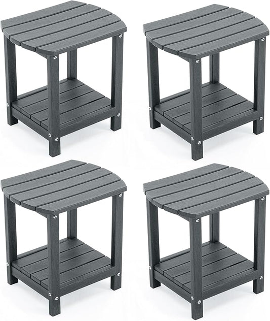 Adirondack Small Outdoor Side Table - Weatherproof HDPE Patio End Table with 2-Tier Storage for Firepit, Balcony, Garden, Poolside or Bathroom (Grey, Set of 4)