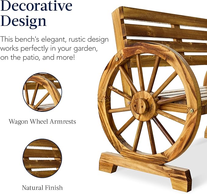 Best Choice Products 2-Person Wooden Wagon Wheel Bench for Backyard, Patio, Porch, Garden, Outdoor Lounge Furniture w/Rustic Country Design, Slatted Seat and Backrest - Natural
