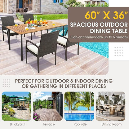 Tangkula 63" Acacia Wood Patio Dining Table for 6, Rectangular 6-Person Outdoor Dining Table with Metal Legs & Umbrella Hole, Indoor Outdoor Dining Furniture for Deck, Garden, Poolside & Backyard